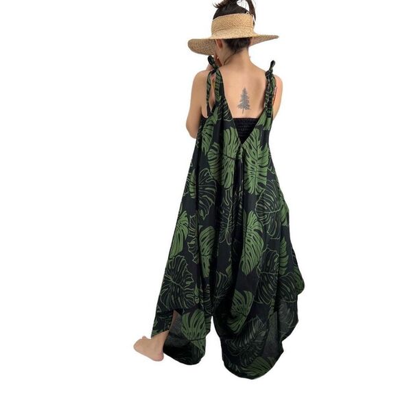 Pōʻalima Black Green Monstera Tropical Boho Wide Leg Beach Romper - Picture 9 of 15
